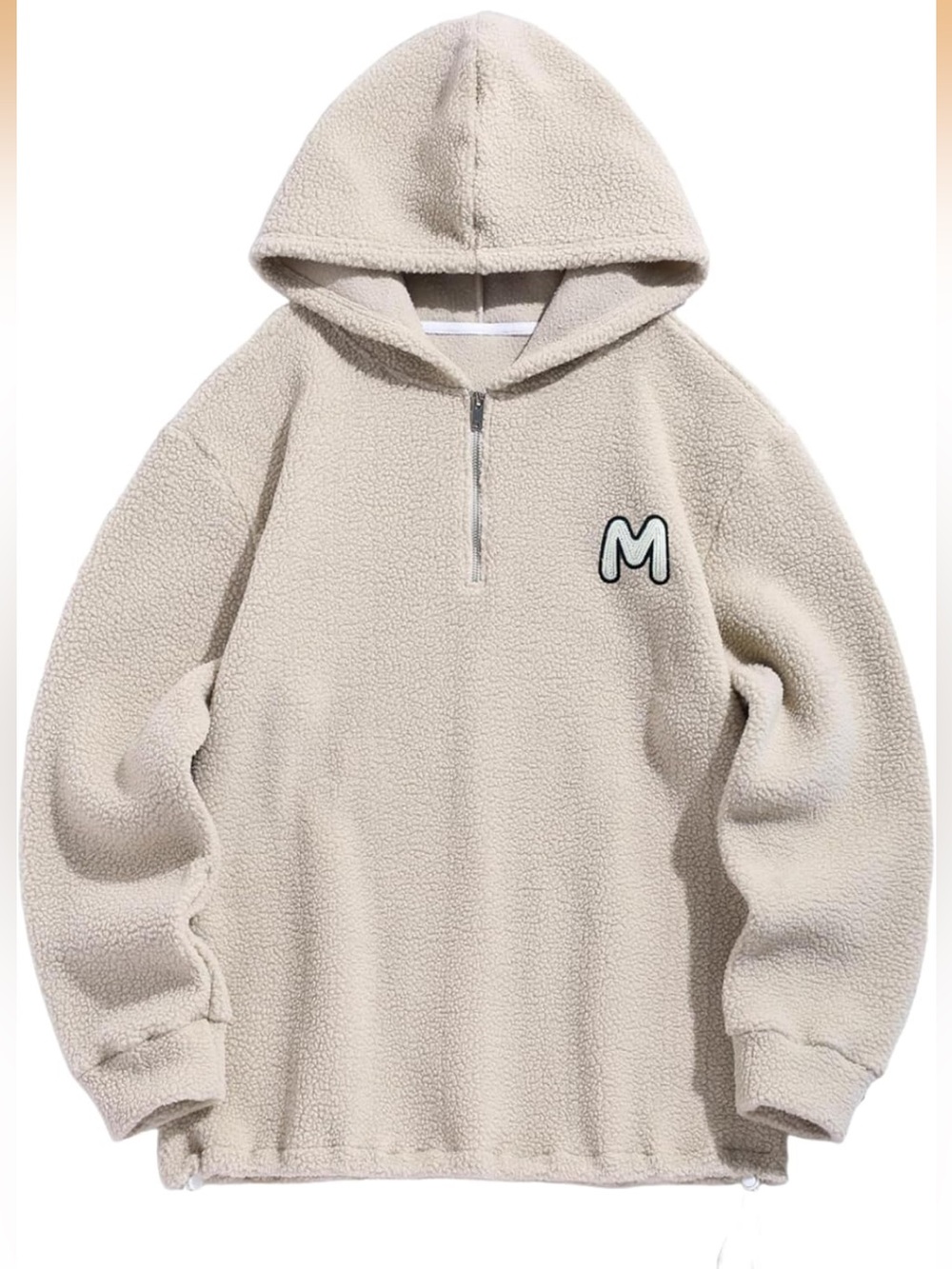 Zaful Cream and Black Plush Hoodie with Logo Tag
